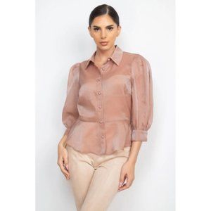 Women’s Mocha Organza Quarter-Sleeve Top